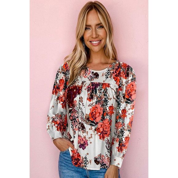 Azura Exchange  Red Retro Floral Long Sleeve Blouse - Picture 3 of 6